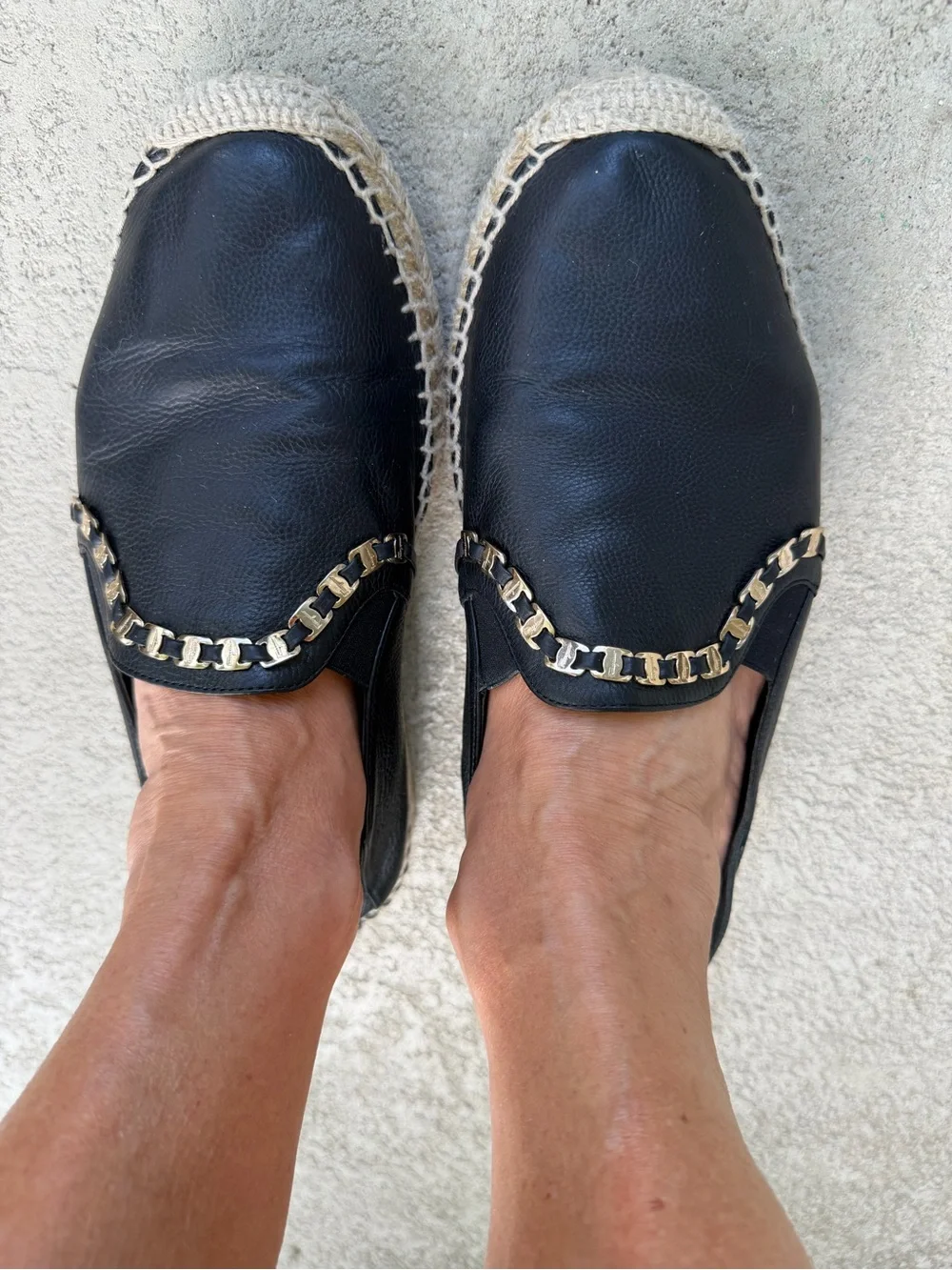 Salvatore Ferragamo Leather Chain Espadrilles 7.5C Wide Black
